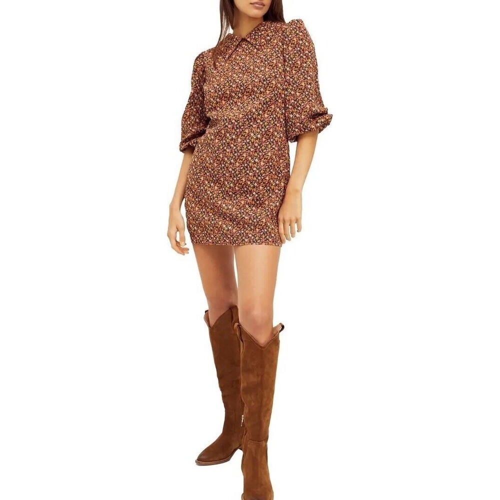 Free People Making Plans Mini Dress 6 NWT Brown Yellow Floral Puff Sleeve Boho